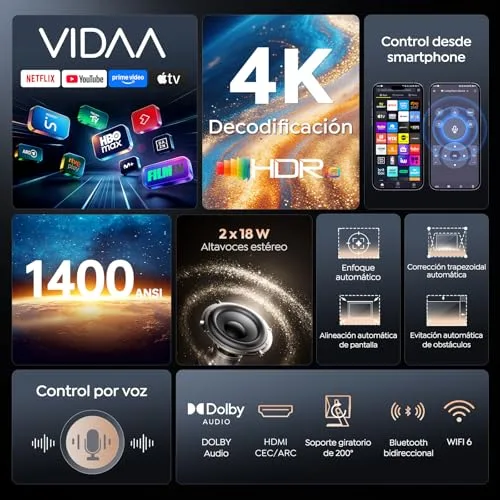 TOPTRO ▫️ Projetor 4K【VIDAA · Sistema ultrarrápido / Netflix incluído / Dolby】Projetor portátil com focagem automática e correção de distorção, TV em direto, FHD 1080P HDR10, projetores para exterior com zoom de 50% para cinema em casa / teto / PPT / HDMI / USB 2