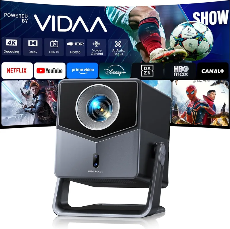 TOPTRO ▫️ Projetor 4K【VIDAA · Sistema ultrarrápido / Netflix incluído / Dolby】Projetor portátil com focagem automática e correção de distorção, TV em direto, FHD 1080P HDR10, projetores para exterior com zoom de 50% para cinema em casa / teto / PPT / HDMI / USB