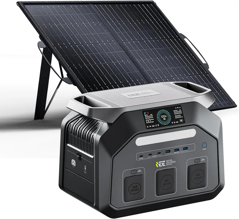 Raikon ▫️ IEE P1800 Estação de Energia Portátil de 1800 W (pico de 3600 W), Bateria LiFePO4 de 1024 Wh, gerador solar com painel solar de 100 W para campismo, carregamento rápido, SAI (UPS), estação de energia para jardim e casa
