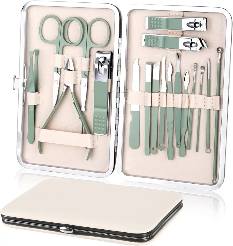 URAQT ▫️ Conjunto de manicure e pedicure 18 peças: cortador de unhas, tesoura para unhas com ferramentas para remover cutículas, aço inoxidável, cortador de unhas profissional para viagens e uso doméstico, com estojo em pele, verde