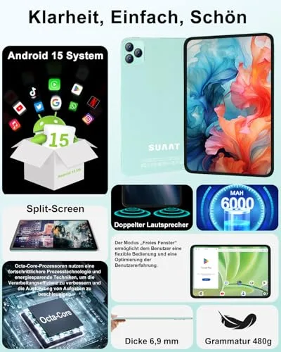 SUAAT ▫️ 2026 Tablet de 10 polegadas, Android 15, Octa-Core, 22 GB de RAM + 128 GB de ROM (2 TB TF) | Wi-Fi 5G + 2,4G | GPS | Bluetooth 5.0 | 8 MP + 5 MP | Tipo C, ecrã tátil, teclado e rato – Verde 2