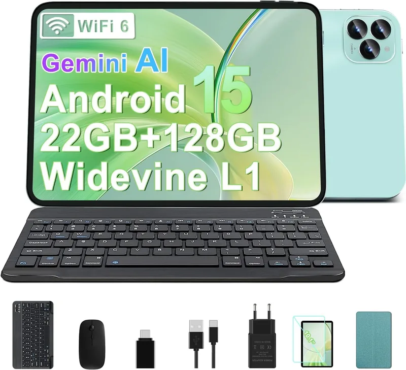 SUAAT ▫️ 2026 Tablet de 10 polegadas, Android 15, Octa-Core, 22 GB de RAM + 128 GB de ROM (2 TB TF) | Wi-Fi 5G + 2,4G | GPS | Bluetooth 5.0 | 8 MP + 5 MP | Tipo C, ecrã tátil, teclado e rato – Verde