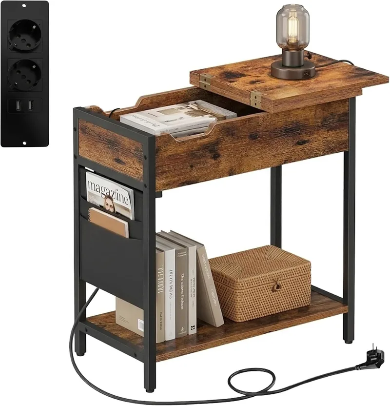 Relaxdays ▫️ Mesa auxiliar com tomadas e USB, bolso lateral, 60x60x31,5 cm, mesa de cabeceira de estilo industrial, preto/castanho