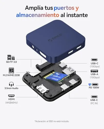 ORICO ▫️ Conexão Magnética USB-C, Caixa para SSD M.2 2230 NVMe, Estação de Acoplamento 8 em 1 com HDMI 4K a 60 Hz, PD 100 W, USB-A 10 Gbps, SD/TF, Áudio. Hub USB-C e estação de acoplamento para iPhone MG7 2