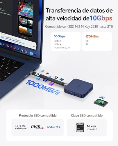 ORICO ▫️ Conexão Magnética USB-C, Caixa para SSD M.2 2230 NVMe, Estação de Acoplamento 8 em 1 com HDMI 4K a 60 Hz, PD 100 W, USB-A 10 Gbps, SD/TF, Áudio. Hub USB-C e estação de acoplamento para iPhone MG7 5