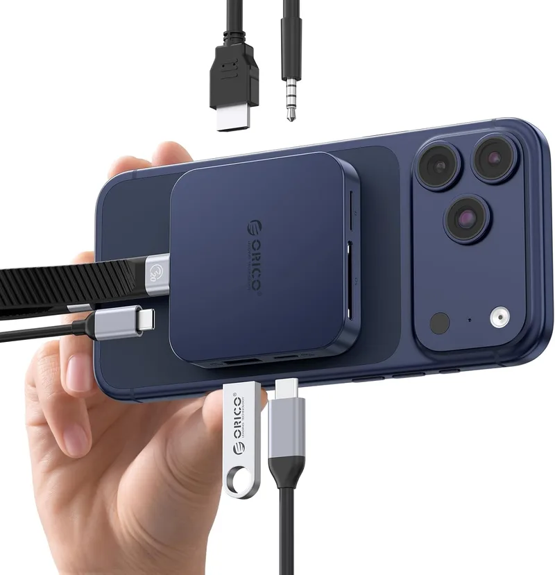 ORICO ▫️ Conexão Magnética USB-C, Caixa para SSD M.2 2230 NVMe, Estação de Acoplamento 8 em 1 com HDMI 4K a 60 Hz, PD 100 W, USB-A 10 Gbps, SD/TF, Áudio. Hub USB-C e estação de acoplamento para iPhone MG7