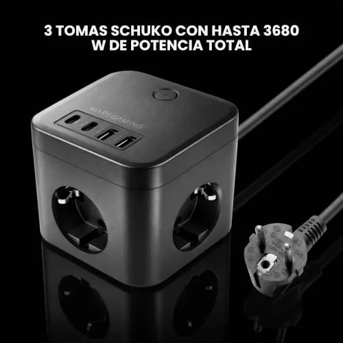 Mars Gaming ▫️ MD-CUBE35, Powercube Multifunções Compacto, 3 tomadas SCHUKO + 2 USB-C + 2 USB-A, Carregamento Rápido PD 35 W, Tecnologia GAN, Cabo de 1,8 m, Botão ON/OFF e indicador LED, 9 proteções, preto 2