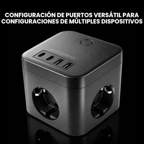 Mars Gaming ▫️ MD-CUBE35, Powercube Multifunções Compacto, 3 tomadas SCHUKO + 2 USB-C + 2 USB-A, Carregamento Rápido PD 35 W, Tecnologia GAN, Cabo de 1,8 m, Botão ON/OFF e indicador LED, 9 proteções, preto 3