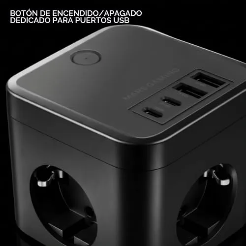 Mars Gaming ▫️ MD-CUBE35, Powercube Multifunções Compacto, 3 tomadas SCHUKO + 2 USB-C + 2 USB-A, Carregamento Rápido PD 35 W, Tecnologia GAN, Cabo de 1,8 m, Botão ON/OFF e indicador LED, 9 proteções, preto 4