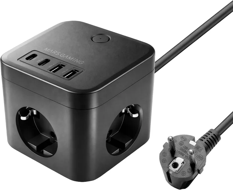 Mars Gaming ▫️ MD-CUBE35, Powercube Multifunções Compacto, 3 tomadas SCHUKO + 2 USB-C + 2 USB-A, Carregamento Rápido PD 35 W, Tecnologia GAN, Cabo de 1,8 m, Botão ON/OFF e indicador LED, 9 proteções, preto