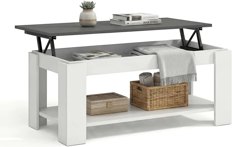 duehome ▫️ Mesa de centro elevável, mesa de apoio, modelo LYA, com acabamento em branco Artik e cinzento grafite, medidas: 102 cm (C) x 50 cm (L) x 43-54 cm (A)