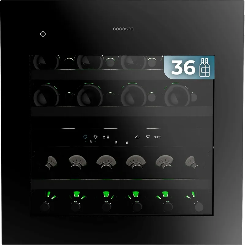 Cecotec ▫️ Refrigerador de vinhos integrado 36 garrafas 60x60cm com compressor Bolero GrandSommelier Duo 36000 Touch Matt Black Compressor. Abertura com sensor tátil, dupla zona de temperatura, visor, prateleiras de madeira.