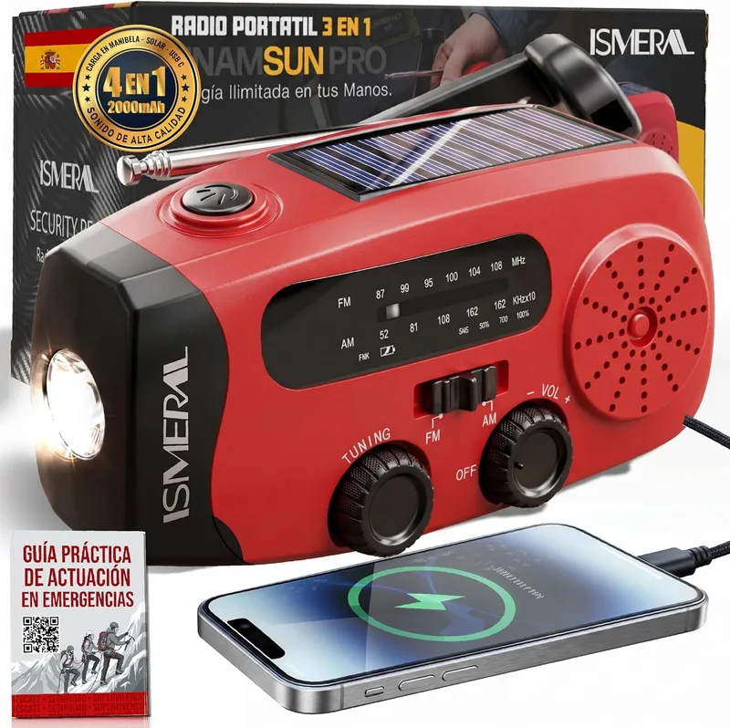 ISMERAL ▫️ Rádio solar de emergência com manivela, 2000 mAh, AM/FM, lanterna LED, SOS