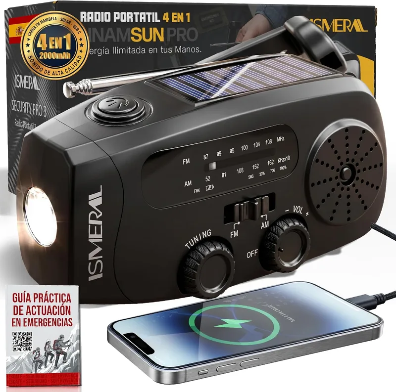 ISMERAL ▫️ Rádio Portátil de 2000 mAh – Rádio FM/AM, Lanterna LED + SOS + Manual de Sobrevivência