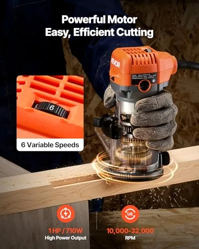 VEVOR ▫️ Fresadora de madeira de 1 HP (710 W), fresadora elétrica com 6 velocidades variáveis, com base fixa e cobertura antipó, fresadora de cantos para carpintaria e projetos de bricolage, com cabo 2