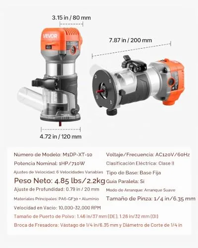 VEVOR ▫️ Fresadora de madeira de 1 HP (710 W), fresadora elétrica com 6 velocidades variáveis, com base fixa e cobertura antipó, fresadora de cantos para carpintaria e projetos de bricolage, com cabo 7