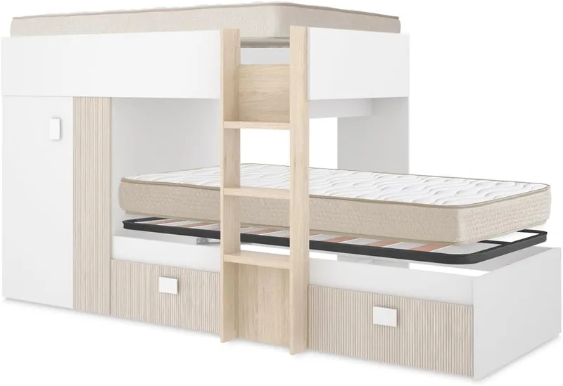 DEKIT GRUPO RIMOBEL ▫️ DEKIT - Pacote Económico Juvenil «Cama de Comboio Groe» com 2 colchões viscoelásticos Nova 90 x 190 cm e 1 base de ripas largas