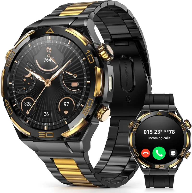 IOWODO ▫️ Relógio Inteligente de Luxo para Homem, Smartwatch AMOLED de 1,43" AMOLED com GPS e Chamadas Bluetooth, Banho de Ouro 14K, Lanterna e Bússola, 20 Dias de Bateria, Monitor de Saúde, 327 Mostradores, Mais de 100 Desportos, IP68, 2 Pulseiras