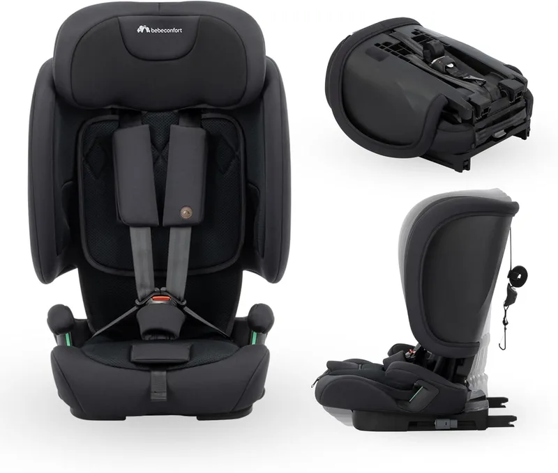 Bebeconfort ▫️ Ever & Go i-Size, Cadeira de carro evolutiva, 15 meses a 12 anos, 76-150 cm, Cadeira de carro dobrável para viagem com ISOFIX, compacta e leve (5 kg), 15 posições do apoio de cabeça, Full Black
