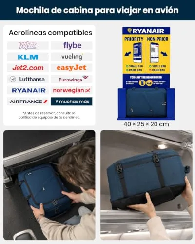 Kono ▫️ Mochila de viagem para cabine de avião 40x20x25, uma mochila masculina para cabine que serve como bagagem de mão, com abertura de 180°, alça para bagagem e costas respiráveis (azul) 2