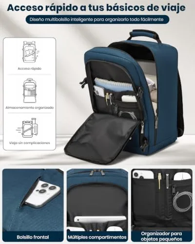 Kono ▫️ Mochila de viagem para cabine de avião 40x20x25, uma mochila masculina para cabine que serve como bagagem de mão, com abertura de 180°, alça para bagagem e costas respiráveis (azul) 3
