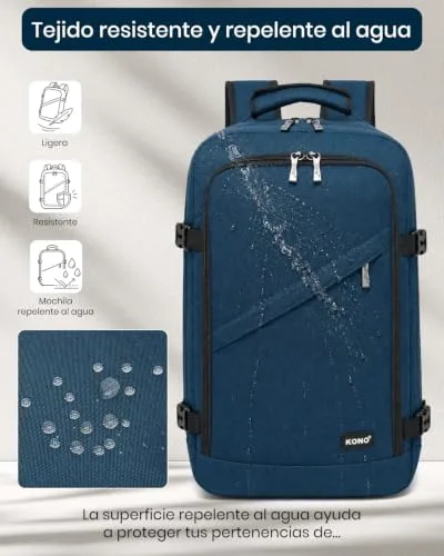 Kono ▫️ Mochila de viagem para cabine de avião 40x20x25, uma mochila masculina para cabine que serve como bagagem de mão, com abertura de 180°, alça para bagagem e costas respiráveis (azul) 4