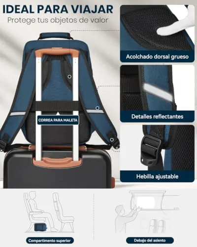 Kono ▫️ Mochila de viagem para cabine de avião 40x20x25, uma mochila masculina para cabine que serve como bagagem de mão, com abertura de 180°, alça para bagagem e costas respiráveis (azul) 5