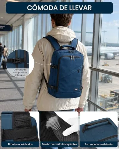 Kono ▫️ Mochila de viagem para cabine de avião 40x20x25, uma mochila masculina para cabine que serve como bagagem de mão, com abertura de 180°, alça para bagagem e costas respiráveis (azul) 6