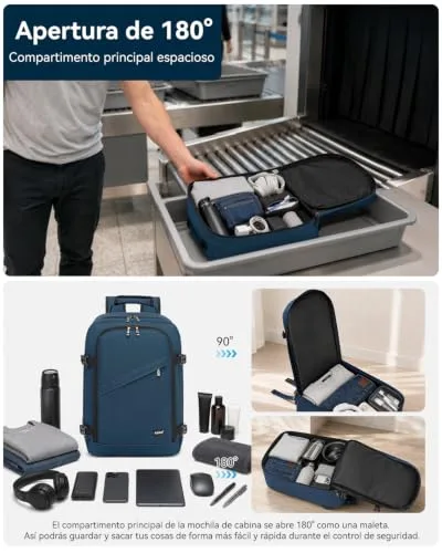 Kono ▫️ Mochila de viagem para cabine de avião 40x20x25, uma mochila masculina para cabine que serve como bagagem de mão, com abertura de 180°, alça para bagagem e costas respiráveis (azul) 7