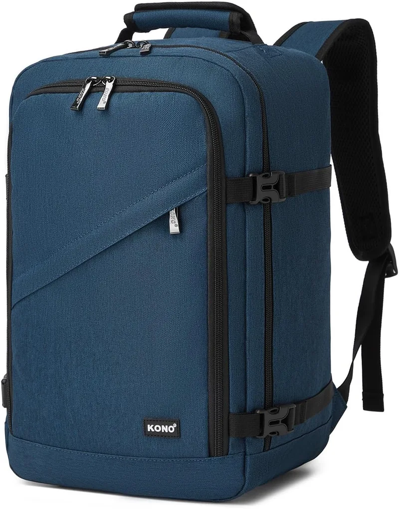 Kono ▫️ Mochila de viagem para cabine de avião 40x20x25, uma mochila masculina para cabine que serve como bagagem de mão, com abertura de 180°, alça para bagagem e costas respiráveis (azul)
