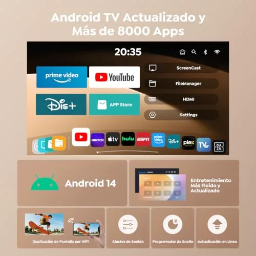 TOPTRO ▫️ Projetor portátil 【Android 14.0 e aplicação integrada】 Projetor 4K/1080P com suporte para projeção de curta distância, correção automática de distorção trapezoidal, Wi-Fi 6 e Bluetooth 5.4, MiniProjetor com rotação de 270° e suporte incluído para cinema em casa 2