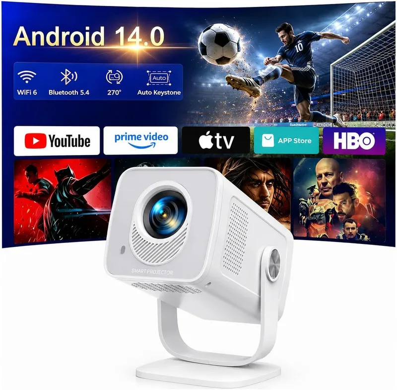TOPTRO ▫️ Projetor portátil 【Android 14.0 e aplicação integrada】 Projetor 4K/1080P com suporte para projeção de curta distância, correção automática de distorção trapezoidal, Wi-Fi 6 e Bluetooth 5.4, MiniProjetor com rotação de 270° e suporte incluído para cinema em casa