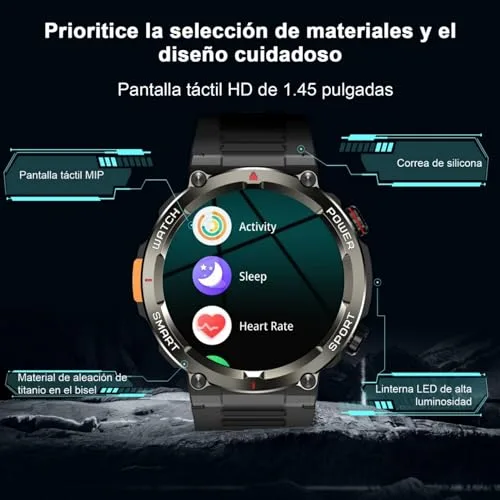 IOWODO ▫️ Relógio inteligente masculino de estilo militar (fazer/receber chamadas), 1,45" Relógio inteligente com lanterna LED e bússola, bateria de 960 mAh, monitor de pulsação, monitor de sono, 123 modos desportivos, IP68, para iOS e Android 2