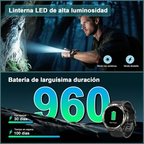 IOWODO ▫️ Relógio inteligente masculino de estilo militar (fazer/receber chamadas), 1,45" Relógio inteligente com lanterna LED e bússola, bateria de 960 mAh, monitor de pulsação, monitor de sono, 123 modos desportivos, IP68, para iOS e Android 3