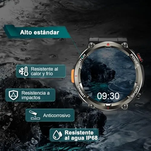 IOWODO ▫️ Relógio inteligente masculino de estilo militar (fazer/receber chamadas), 1,45" Relógio inteligente com lanterna LED e bússola, bateria de 960 mAh, monitor de pulsação, monitor de sono, 123 modos desportivos, IP68, para iOS e Android 4