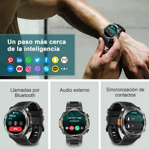 IOWODO ▫️ Relógio inteligente masculino de estilo militar (fazer/receber chamadas), 1,45" Relógio inteligente com lanterna LED e bússola, bateria de 960 mAh, monitor de pulsação, monitor de sono, 123 modos desportivos, IP68, para iOS e Android 5