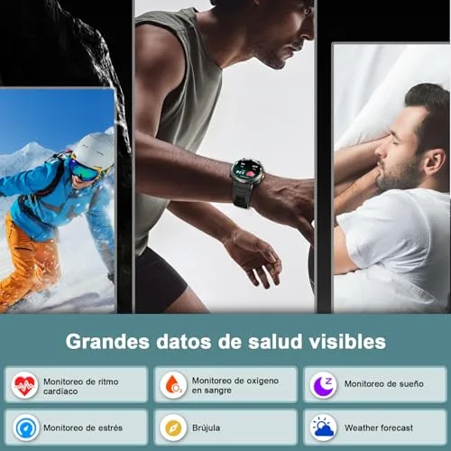 IOWODO ▫️ Relógio inteligente masculino de estilo militar (fazer/receber chamadas), 1,45" Relógio inteligente com lanterna LED e bússola, bateria de 960 mAh, monitor de pulsação, monitor de sono, 123 modos desportivos, IP68, para iOS e Android 6