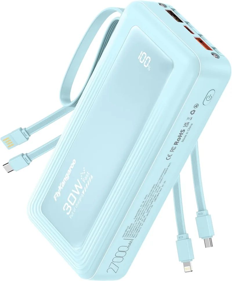 FlyKangaroo ▫️ Powerbank de 27 000 mAh com 4 cabos integrados e função de carregamento rápido USB-C de 30 W