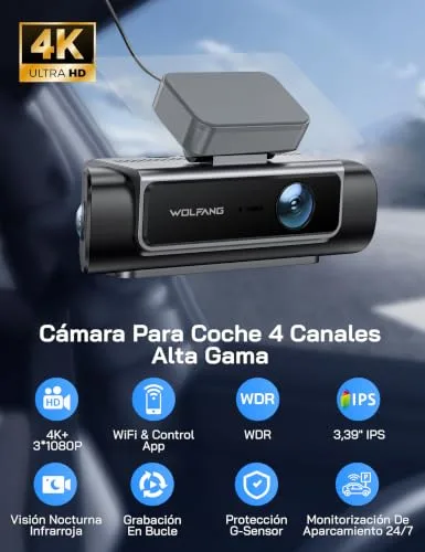 WOLFANG ▫️ 4K Dashcam, Câmara de carro de 610° com 4 canais, Wi-Fi de 5,8 GHz e aplicação, Câmara de carro 4K+1080P×3 com ecrã de 3,39" IPS, Visão Noturna, Gravação em Loop, Sensor G, WDR, Compatível com o Modo de Estacionamento 24H 2