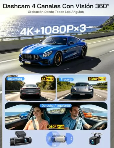 WOLFANG ▫️ 4K Dashcam, Câmara de carro de 610° com 4 canais, Wi-Fi de 5,8 GHz e aplicação, Câmara de carro 4K+1080P×3 com ecrã de 3,39" IPS, Visão Noturna, Gravação em Loop, Sensor G, WDR, Compatível com o Modo de Estacionamento 24H 3
