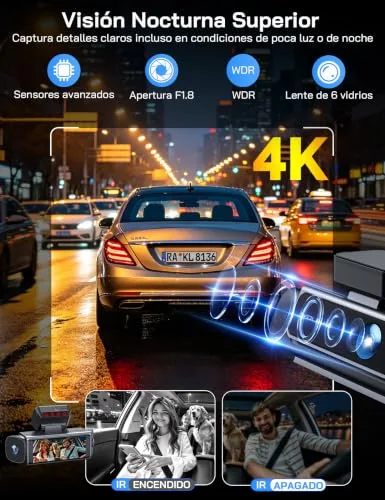 WOLFANG ▫️ 4K Dashcam, Câmara de carro de 610° com 4 canais, Wi-Fi de 5,8 GHz e aplicação, Câmara de carro 4K+1080P×3 com ecrã de 3,39" IPS, Visão Noturna, Gravação em Loop, Sensor G, WDR, Compatível com o Modo de Estacionamento 24H 5