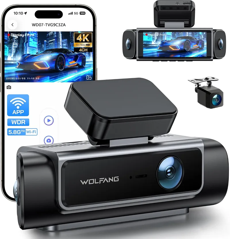 WOLFANG ▫️ 4K Dashcam, Câmara de carro de 610° com 4 canais, Wi-Fi de 5,8 GHz e aplicação, Câmara de carro 4K+1080P×3 com ecrã de 3,39" IPS, Visão Noturna, Gravação em Loop, Sensor G, WDR, Compatível com o Modo de Estacionamento 24H
