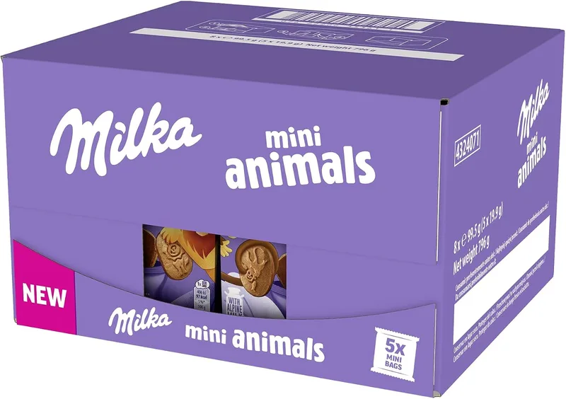 Milka ▫️ Mini Animals, Bolachas Cobertas com Chocolate de Leite, 5 x 5 x 19,9 g