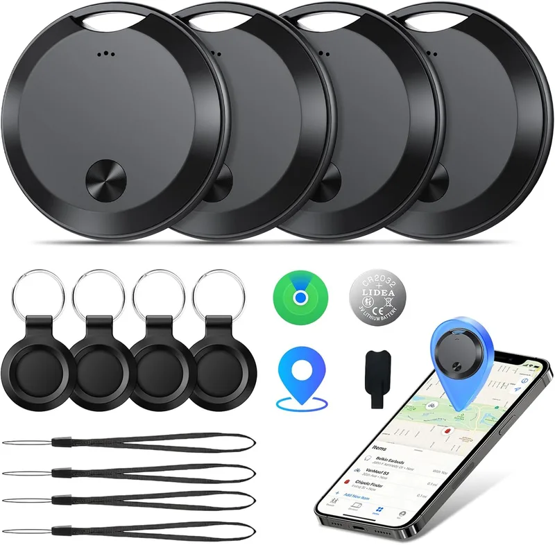 aowoka ▫️ Conjunto de 4 Smart Air Tracker Tags 2026 (apenas para iOS), localizador de objetos por Bluetooth compatível com a aplicação «Find My» da Apple, 365 dias de utilização, bateria substituível, à prova de água (IP68), para chaves/bagagem/malas, preto