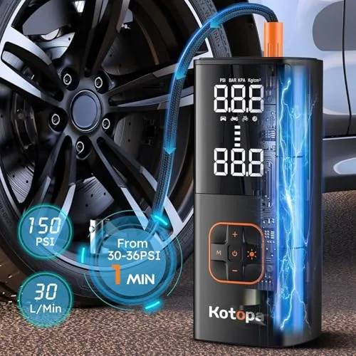 Kotopa ▫️ Bomba de ar elétrica, compressor a bateria de 150 PSI com 4 modos de funcionamento, banco de energia e luz de emergência, paragem automática, bomba de ar a bateria para bicicleta 6