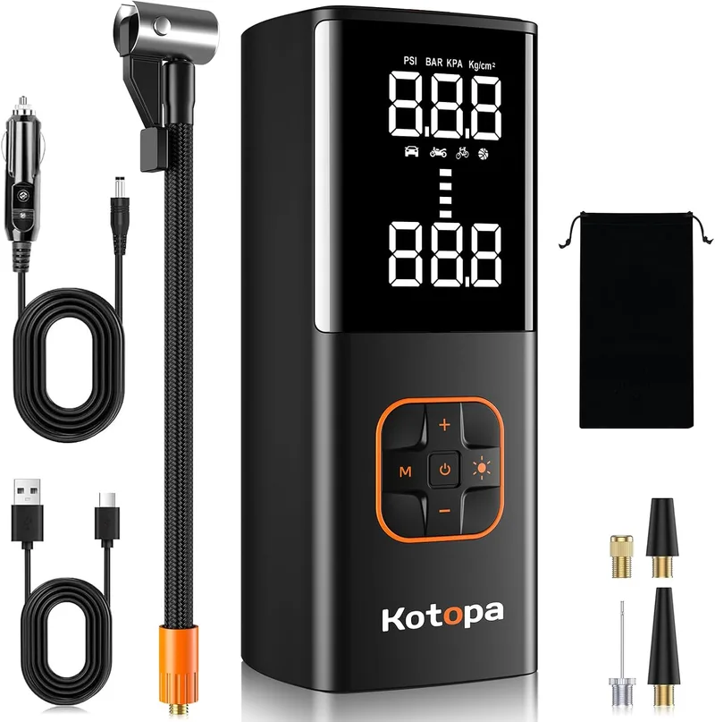 Kotopa ▫️ Bomba de ar elétrica, compressor a bateria de 150 PSI com 4 modos de funcionamento, banco de energia e luz de emergência, paragem automática, bomba de ar a bateria para bicicleta