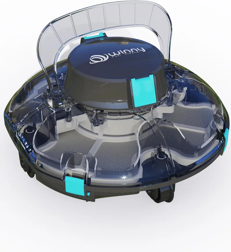 WINNY POOL CLEANER ▫️ Winny 200 Robô de limpeza para piscinas, robô de limpeza sem fios, autonomia de 75 min, piscinas desmontáveis de 60 m², dupla filtração, estacionamento automático (preto-azul marinho)