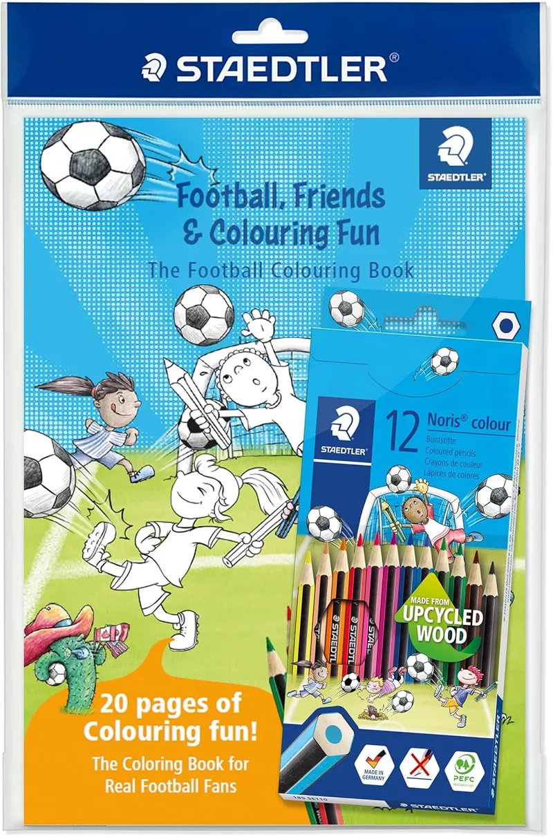 STAEDTLER ▫️ Noris colour 185: conjunto de lápis de cor para livro de colorir de futebol com 12 cores e livro de colorir – Lápis de cor para crianças e adultos, fabricados em madeira reciclada