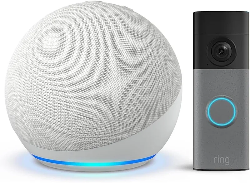 Visite a loja Echo e Alexa da Amazon ▫️ Echo Dot (última geração), Branco + Campainha com vídeo a pilhas (Campainha com vídeo a pilhas) (última geração), Cinzento mosqueado