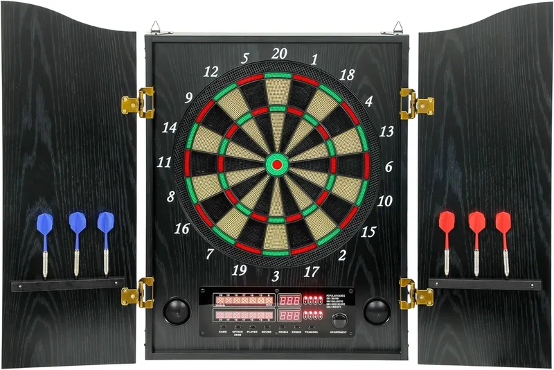 SPORTNOW ▫️ Alvo eletrónico com 6 dardos de ponta macia e 24 pontas de substituição, 2 ecrãs LED, avisos de voz para até 8 jogadores, alvo de dardos de parede com 25 jogos e 202 variações, portas de madeira